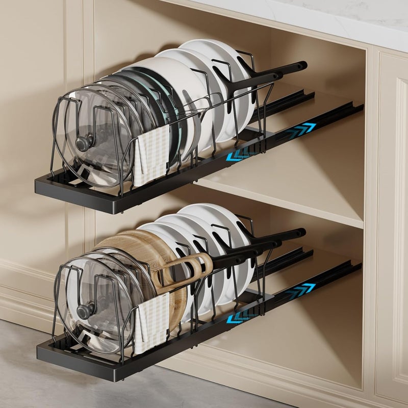Magheo 2 Pack Pots and Pans Organizer Under Cabinet, 22" Deep Expandable Pull Out Pot Lid Organizer and Storage with 10 Adjustable Dividers No Drill Pot and Pan Holder Rack with Handle Bracket(Black) - Image 1